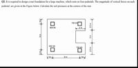 Q2: It is required to design a mat foundation for a large machine, which rests on four pedestals. The magnitude of vertical forces on each
pedestal are given in the Figure below. Calculate the soil pressures at the corners of the mat.
700 kN
800 kN
2m
800 kN
700 kN
1m
8 m
im
25m
