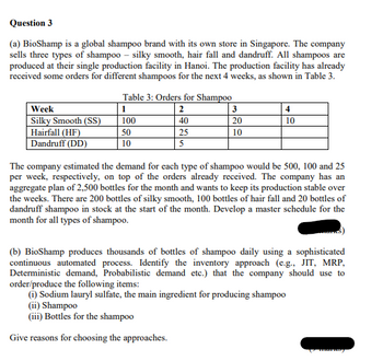 Question 3
(a) BioShamp is a global shampoo brand with its own store in Singapore. The company
sells three types of shampoo - silky smooth, hair fall and dandruff. All shampoos are
produced at their single production facility in Hanoi. The production facility has already
received some orders for different shampoos for the next 4 weeks, as shown in Table 3.
Table 3: Orders for Shampoo
Week
1
2
3
4
Silky Smooth (SS)
100
40
20
10
Hairfall (HF)
50
Dandruff (DD)
10
25
5
10
The company estimated the demand for each type of shampoo would be 500, 100 and 25
per week, respectively, on top of the orders already received. The company has an
aggregate plan of 2,500 bottles for the month and wants to keep its production stable over
the weeks. There are 200 bottles of silky smooth, 100 bottles of hair fall and 20 bottles of
dandruff shampoo in stock at the start of the month. Develop a master schedule for the
month for all types of shampoo.
(b) BioShamp produces thousands of bottles of shampoo daily using a sophisticated
continuous automated process. Identify the inventory approach (e.g., JIT, MRP,
Deterministic demand, Probabilistic demand etc.) that the company should use to
order/produce the following items:
(i) Sodium lauryl sulfate, the main ingredient for producing shampoo
(ii) Shampoo
(iii) Bottles for the shampoo
Give reasons for choosing the approaches.