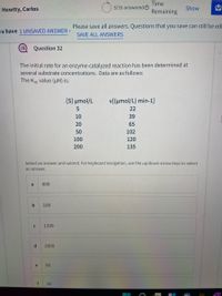 Time
3/33 answered Ở
Show
Hewtty, Carlos
Remaining
Please save all answers. Questions that you save can still be edi
pu have 1 UNSAVED ANSWER-
SAVE ALL ANSWERS
Question 32
The initial rate for an enzyme-catalyzed reaction has been determined at
several substrate concentrations. Data are as follows:
The Km value (µM) is:
TT
[S] umol/L
v[(umol/L) min-1]
22
10
39
20
65
50
102
100
120
200
135
Select an answer and submit. For keyboard navigation, use the up/down arrow kéys to select
an answer.
a
800
100
1200
2000
e
90
10
