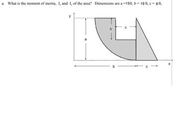 a. What is the moment of inertia, I, and I, of the area? Dimensions are a =15ft, b = 19 ft, c = 8ft,
y
X
b