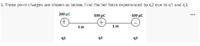 5. Three point charges are shown as below. Find the net force experienced by q2 due to q1 and q3.
200 μC
100 μC
- 100 μC
...
(+)
+)
1m
1m
q1
92
93
