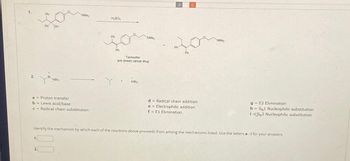 1.
2.
Ph
1.
Ph
2
OH
AlBrs
a = Proton transfer
b = Lewis acid/base
c = Radical chain substitution
NMe₂
H₂SO4
Ph
Ph
NMe₂
Tamoxifen
anti (brest) cancer drug
AlBr
J
Ph
Ph
C
d = Radical chain addition
e = Electrophilic addition
f = E1 Elimination
NMе₂
Identify the mechanism by which each of the reactions above proceeds from among the mechanisms listed. Use the letters a - i for your answers.
g= E2 Elimination
h = SN1 Nucleophilic substitution
iSN2 Nucleophilic substitution