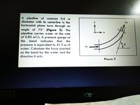 A pipeline of constant 0.6
diameter with its centerline in the
horizontal plane turns through an
m
U2
of 75° (Figure
angle
pipeline carries water at the rate
of 0.85 m3/s. A pressure gauge at
3). The
she
bend
indicates
that
the
pressure is equivalent to 41.3 m of
water. Calculate the force exerted
U1
on the bend by the water and the
direction it acts.
Fiaure 3
1080
ace
