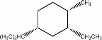 The image shows the structural formula of a substituted cyclohexane molecule. The cyclohexane ring, a hexagon, is at the center of the structure.

- The upper right carbon atom in the cyclohexane ring is bonded to a methyl group (CH₃), represented with a wedge to indicate it is positioned above the plane of the cyclohexane ring.
- The lower right carbon atom is bonded to an ethyl group (CH₂CH₃), shown with a dashed wedge indicating it is positioned below the plane of the ring.
- The lower left carbon atom is bonded to an isopropyl group ((CH₃)₂HC), also represented with a dashed wedge indicating it is positioned below the plane of the ring.

This diagram illustrates the stereochemistry of three substituents on the cyclohexane ring, using wedges and dashed wedges to indicate the orientation of the groups relative to the plane of the ring.