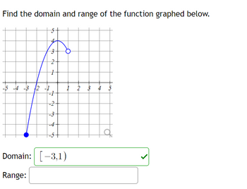 Find the domain and range of the function graphed below.
-5 -4 -3 f2 -1
3
2
1
-1
N
-2
-3
-4
1
Domain: [-3,1)
Range:
2 3 4 5