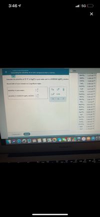 3:46 1
ul 5G
OKINETICS AND EQUILIBRIUM
Calculating the solubility of an ionic compound when a commo.
db Data
Bacro4
1.17x10-10
Calculate the solubility at 25 °C of AgCl in pure water and in a 0.0030M AGNO, solution.
BasO4
1.08x10-10
Round both of your answers to 2 significant digits.
CaCo,
3.36x10-9
CaFa
3.45x10-11
Co(OH)2
5.92x10-15
solubility in pure water:
CuBr
6.27x10-9
CucOs
1.4x10-10
solubility in 0.0030 M AgNO, solution: 0:
Fe(OH)2
4.87x10-17
7.40x10-14
PbCro4
2.8x10-13
PbF2
3.3x10-8
Mg(OH)2
5.61x10-12
Ni(OH)2
5.48x10-16
AgBro
5.38x10-5
Ag;CO
8.46x10-12
AgC
1.77x10-10
AgzCro4
1.12x10-12
Srco,
5.60x10-10
ZnCo
1.46x10-10
Zn(OH)2
2.0x10-1
AgBr
5.35x10-13
AuCI
1.77x10-10
Explanation
Check
2021 MGrew tton ARhs
23
TO
MacBook Air
