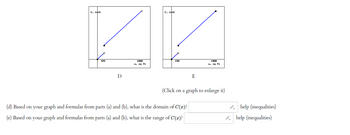 C, cost
ZZ
1888
x, sq ft
C, cost
D
E
(d) Based on your graph and formulas from parts (a) and (b), what is the domain of C(x)?
(e) Based on your graph and formulas from parts (a) and (b), what is the range of C(x)?
1888
x, sq ft
(Click on a graph to enlarge it)
help (inequalities)
help (inequalities)