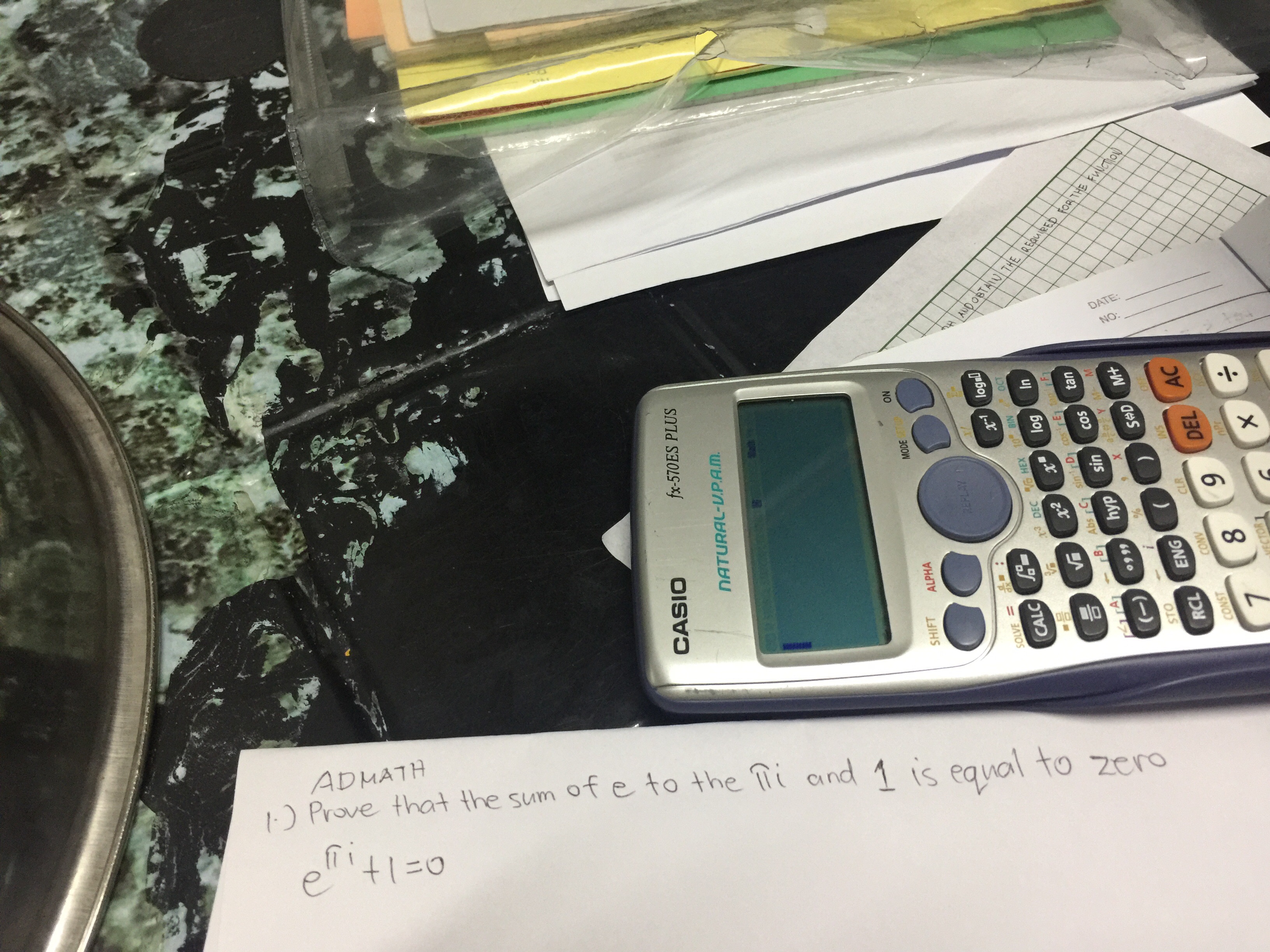 DATE
NO:
In
e
ADMATH
1-) Prove that the sum of e to the i and 1 is
qual
to zero
o-It,y
CASIO
fx-570ES PLUS
DATURAL-U.PAM.
R
NO
SHIFT
MODEE
ALPHA
/
AuD OBTAIU THEREueED FORTHE FuCTION
SOLVE=
x-loga
x3 DEC 6 HEX 10 BIN 00
Бо
TA rB Abs rC sinrD cos rET to F
hyp
COS
eX6 %
1
es ON
SI
DEL AC
6
CLR
CONV
SNT
Pr
VECTOR
X
