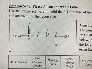 **Problem Set 2: Please fill out the whole table**

Use the online software to build the 3D structure of the compound and attach it to the report sheet.

### Molecular Structure Diagram

The structure depicted represents a chemical compound with the following atoms numbered:

1. **Atom 1:** H\(_3\)C (Methyl group)
2. **Atom 2:** Central carbon atom
3. **Atom 3:** Double-bonded oxygen (carbonyl group)
4. **Atom 4 and 5:** Repeating chain of carbon atoms, each bonded to a hydrogen atom 
5. **Atom 6:** Nitrogen atom bonded to a hydrogen 
6. **Atom 7:** Chlorine atom

Each line represents a single bond unless otherwise shown.

### Table for Completion

The task is to fill out the table below based on the structure above:

| Atom Number | # of Electron Groups | Hybridization | Electron Group Shape | # of Atoms Per Central Atom |
|-------------|------------------------|---------------|----------------------|-----------------------------|

### Considerations

1. **Define Electron Groups**: Include both bonding and non-bonding electron pairs (lone pairs) around each central atom.
2. **Determine Hybridization**: Based on the number of electron groups, determine the hybridization state (e.g., sp\(^3\), sp\(^2\)).
3. **Electron Group Shape**: Classify the geometric shape (e.g., tetrahedral, trigonal planar).
4. **Additional Note**: Focus on the number of bonds involving the N or Cl atom and consider the lone pairs when completing the table.

Through this exercise, you'll deepen your understanding of molecular geometry and hybridization in organic compounds.