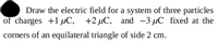 Draw the electric field for a system of three particles
of charges +1 µC, +2 µC, and -3 µC fixed at the
corners of an equilateral triangle of side 2 cm.
