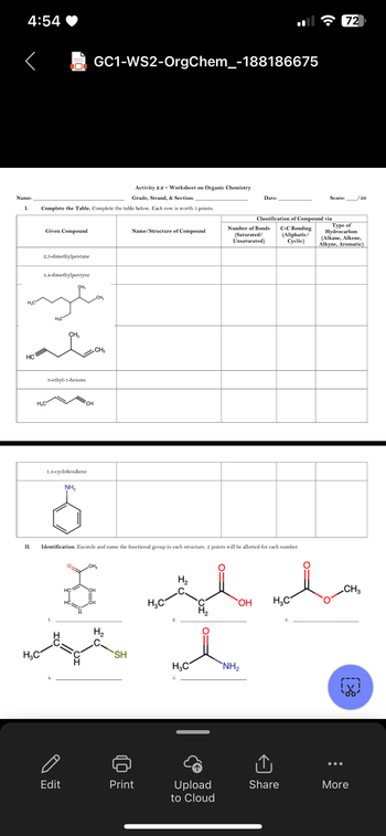 4:54 ♥
Name:
I.
H₂C
HC
GC1-WS2-OrgChem_-188186675
Activity 2.2 Worksheet on Organic Chemistry
Grade, Strand, & Section:
Date:
Complete the Table. Complete the table below. Each row is worth 5 points.
Given Compound
2,3-dimethylpentane
4,4-dimethylpentyne
CH₁₂
CH₂
H₁C
H₂C
CH₂
3-ethyl-1-hexene
1,4-cyclohexdiene
NH₂
CH
CH2
Classification of Compound via
Name/Structure of Compound
Number of Bonds
(Saturated/
Unsaturated)
C-C Bonding
(Aliphatic/
Cyclic)
II. Identification. Encircle and name the functional group in each structure. 2 points will be allotted for each number.
CH3
CH
HC
CH
HC
Н2
H3C
Н2
si e
H3C
SH
H3C
5.
`NH₂
OH
H₂C
3.
72
Score:
/50
Type of
Hydrocarbon
(Alkane, Alkene,
Alkyne, Aromatic)
CH3
Edit
Print
Upload
to Cloud
Share
More