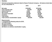 Questions:
Selected comparative statement data for Rawan Products Company. All balance sheet data
are as of December 31.
2018
2017
$750,000
470,000
8,000
50,000
120,000
85,000
680,000
430,000
$730,000
440,000
5,000
42,000
100,000
75,000
600,000
325,000
Net sales
Cost of goods sold
Interest expense
Net income
Accounts receivable
Inventory
Total assets
Total common stockholders' equity
Requirements:
1- Compute the following ratios for 2018.
(a) Profit margin.
(b) Asset turnover.
(c) Return on assets.
(d) Return on common stockholders' equity.
