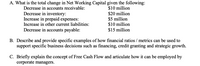 A. What is the total change in Net Working Capital given the following:
$10 million
$20 million
$5 million
$10 million
$15 million
Decrease in accounts receivable:
Decrease in inventory:
Increase in prepaid expenses:
Increase in other current liabilities:
Decrease in accounts payable:
B. Describe and provide specific examples of how financial ratios / metrics can be used to
support specific business decisions such as financing, credit granting and strategic growth.
C. Briefly explain the concept of Free Cash Flow and articulate how it can be employed by
corporate managers.
