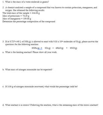 Answered: 1. What is the mass of a water molecule… | bartleby