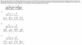 Below are the first five letters of the alphabet, designed to fit the vertices of a grid. Below them in subparts (a) through (d) are the first four letters that were designed on other grids. Draw the "e"
that goes with each type style, or font. As stated many times in this book, we want you to go beyond random trial and error. First, take some time and think. One strategy is to try to write the rules
that the writer of the letter used. Another strategy is to try to articulate the common characteristics of the four letters.t
abcde
(a)
(b)
(c)
تحاد
EEEE
abcd.
BA
م داد
plo
EEEE
0