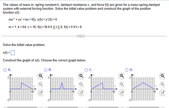 The values of mass m, spring constant k, dashpot resistance c, and force f(t) are given for a mass-spring-dashpot
system with external forcing function. Solve the initial value problem and construct the graph of the position
function x(t).
mx" + cx' + kx = f(t), x(0)=x'(0) = 0
m = 1, k=64, c = 16; f(t) = 9t if 0 ≤t≤8, f(t) = 0 if t> 8
Solve the initial value problem.
x(t)=
Construct the graph of x(t). Choose the correct graph below.
○ A.
2-
Ax
2
B.
Ax
✓
Q
✓