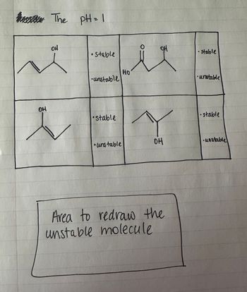 OH
The pH = 1
OH
• Stable
unstable
HO
•stable
•unstable
он
Area to redraw the
unstable molecule
OH
•stable
unstable
O
stable
unstable