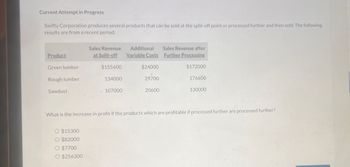 Current Attempt in Progress
Swifty Corporation produces several products that can be sold at the split-off point or processed further and then sold. The following
results are from a recent period:
Product
Sales Revenue
at Split-off
Additional
Variable Costs
Sales Revenue after
Further Processing
Green lumber
$155600
$24000
$172000
Rough lumber
134000
29700
176600
Sawdust
107000
20600
130000
What is the increase in profit if the products which are profitable if processed further are processed further?
O $15300
O $82000
O $7700
O $256300