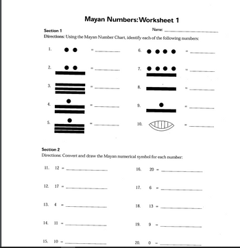 Mayan Numbers: Worksheet 1
Section 1
Name:
Directions: Using the Mayan Number Chart, identify each of the following numbers:
1.
2.
3.
4.
5.
·||-·|·||
11. 12
12.
13.
17
Section 2
Directions: Convert and draw the Mayan numerical symbol for each number:
4
14. 11
6.
15. 10 =
7.
9.
10.
16. 20
17.
||
19.
18. 13
20.
6
9
II
II
0 =
11
11
[1]