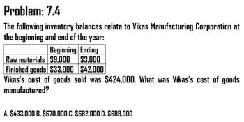 Problem: 7.4
The following inventory balances relate to Vikas Manufacturing Corporation at
the beginning and end of the year:
Beginning Ending
Raw materials $9,000
$3,000
Finished goods $33,000 $42,000
Vikas's cost of goods sold was $424,000. What was Vikas's cost of goods
manufactured?
A. $433,000 B. $670,000 C. $682,000 D. $689,000