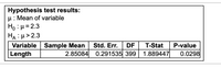 Hypothesis test results:
u: Mean of variable
Ho : H= 2.3
HA : H> 2.3
Variable Sample Mean
Length
Std. Err.
2.85084 0.291535 399 1.889447
DF
T-Stat
P-value
0.0298
