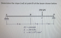 Determine the slope (rad) at point B of the beam shown below.
250 kN
D
C
-3m
-3 m-
6 m
El = constant
E = 200 GPa
I = 462 (10°) mm
