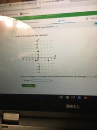 D IXLIDomain and range of füñc
each
A Mrs. Oporto Liberal Arts Math pe X
ixl.com/math/grade-8/domain-and-range-of-functions
BrainPOP
(16) Hagoromo Ch.
Analytucs
eaming
Diagnostic
FL Standa
Recommendations
Math
Eightn gde 2.2. Domain and range of functions JZD
What is the range of this function?
4
3.
20
-5
-4
-3
-2
-1 0
1.
•-1
-2
-3
-4
-5
Write the numbers in the range with commas between them (for example, {1, 2, 3})
Range:
Submit
DELL
