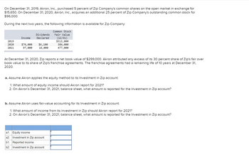 On December 31, 2019, Akron, Inc., purchased 5 percent of Zip Company's common shares on the open market in exchange for
$15,650. On December 31, 2020, Akron, Inc., acquires an additional 25 percent Zip Company's outstanding common stock for
$96,000.
During the next two years, the following information is available for Zip Company:
Common Stock
Fair Value
2019
2020
2021
Income
Dividends
Declared
$76,000
$6,100
97,000 16,000
At December 31, 2020, Zip reports a net book value of $299,000. Akron attributed any excess of its 30 percent share of Zip's fair over
book value to its share of Zip's franchise agreements. The franchise agreements had a remaining life of 10 years at December 31,
2020.
(12/31)
$313,000
384,000
477,000
a. Assume Akron applies the equity method to its Investment in Zip account:
1. What amount of equity income should Akron report for 2021?
2. On Akron's December 31, 2021, balance sheet, what amount is reported for the Investment in Zip account?
b. Assume Akron uses fair-value accounting for its Investment in Zip account:
1. What amount of income from its investment in Zip should Akron report for 2021?
2. On Akron's December 31, 2021, balance sheet, what amount is reported for the Investment in Zip account?
a1. Equity income
a2. Investment in Zip account
b1. Reported income
b2. Investment in Zip account