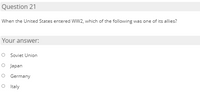 Question 21
When the United States entered WW2, which of the following was one of its allies?
Your answer:
O Soviet Union
O Japan
O Germany
O Italy
