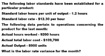 The following labor standards have been established for a
particular product:
Standard labor hours per unit of output - 1.2 hours
Standard labor rate - $12.30 per hour
The following data pertain to operations concerning the
product for the last month:
Actual hours worked - 9200 hours
Actual total labor cost - $109,700
Actual Output - 8900 units
What is the labor rate variance for the month?