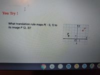 **You Try!**

What translation rule maps \( P(-3, 1) \) to its image \( P'(2, 3) \)?

**Explanation of the Graph:**

The graph shows a coordinate plane with points \( P \) and \( P' \).

- Point \( P \) is located at \((-3, 1)\).
- Point \( P' \) is located at \((2, 3)\).

To determine the translation rule, calculate the changes in the x and y coordinates:

- The x-coordinate changes from \(-3\) to \(2\), which is an increase of \(5\).
- The y-coordinate changes from \(1\) to \(3\), which is an increase of \(2\).

Therefore, the translation rule is \( (x, y) \rightarrow (x+5, y+2) \).