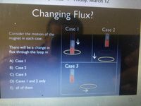 12
Changing Flux?
Case I
Case 2
Consider the motion of the
magnet in each case.
There will be a change in
flux through the loop in
A) Case I
Case 3
B) Case 2
C) Case 3
D) Cases I and 2 only
E) all of them
