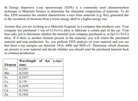 1) Energy dispersive x-ray spectroscopy (EDX) is a commonly used characterization
technique in Materials Science to determine the elemental composition of materials. To do
this, EDX measures the emitted characteristic x-rays from materials (e.g. Ka), generated due
to the excitation of electrons from a lower energy shell to a higher energy one.
Assume that you are working as a Materials Engineer in a company that produces cars. Your
company has purchased 1 ton of Cr-Fe-Cu alloy to fabricate a certain part of the car. Your
boss asks you to determine whether the material your company purchased is, in fact Cr-Fe-Cu
alloy. If it there is another element present in the material, you will return the purchased
material and stop production. So, you perform EDX analysis on your material and you see
that three x-ray energies are detected: 5416, 6406 and 8050 eV. Determine which elements
are present in your material and decide whether you should send the purchased material back
or continue production.
Wavelength of Ka
X-rays
Element (nm)
0,2291
0,2103
Cr
Mn
Fe
0,1937
Co
0,179
Ni
0,1659
Cu
0,1542
Zn
0,1436
