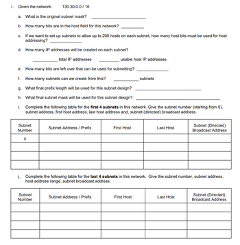 1. Given the network:
a. What is the original subnet mask?
b. How many bits are in the host field for this network?
c.
If we want to set up subnets to allow up to 200 hosts on each subnet, how many host bits must be used for host
addressing?
d. How many IP addresses will be created on each subnet?
total IP addresses
How many bits are left over that can be used for subnetting?
f. How many subnets can we create from this?
g. What final prefix length will be used for this subnet design?
h.
What final subnet mask will be used for this subnet design?
i.
Complete the following table for the first 4 subnets in this network. Give the subnet number (starting from 0),
subnet address, first host address, last host address and, subnet (directed) broadcast address.
e.
130.30.0.0/16
Subnet
Number
0
Subnet
Number
Subnet Address / Prefix
usable host IP addresses
Subnet Address / Prefix
First Host
subnets
j. Complete the following table for the last 4 subnets in this network. Give the subnet number, subnet address,
host address range, subnet broadcast address.
First Host
Last Host
Subnet (Directed)
Broadcast Address
Last Host
Subnet (Directed)
Broadcast Address