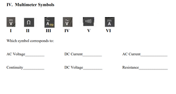 IV. Multimeter Symbols
V
I
AC Voltage
Ω
Continuity
II
Which symbol corresponds to:
AHZ
IV
DC Current
DC Voltage
V
VI
AC Current
Resistance