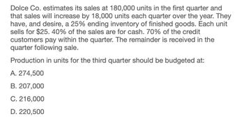 Dolce Co. estimates its sales at 180,000 units in the first quarter and
that sales will increase by 18,000 units each quarter over the year. They
have, and desire, a 25% ending inventory of finished goods. Each unit
sells for $25. 40% of the sales are for cash. 70% of the credit
customers pay within the quarter. The remainder is received in the
quarter following sale.
Production in units for the third quarter should be budgeted at:
A. 274,500
B. 207,000
C. 216,000
D. 220,500