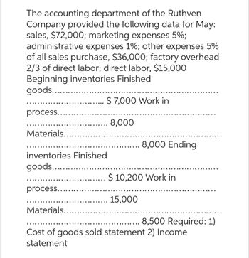 The accounting department of the Ruthven
Company provided the following data for May:
sales, $72,000; marketing expenses 5%;
administrative expenses 1%; other expenses 5%
of all sales purchase, $36,000; factory overhead
2/3 of direct labor; direct labor, $15,000
Beginning inventories Finished
goods......
process...
Materials...
inventories Finished
goods.....
process...
Materials...
$7,000 Work in
8,000
8,000 Ending
$ 10,200 Work in
15,000
8,500 Required: 1)
Cost of goods sold statement 2) Income
statement