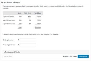 Current Attempt in Progress
Coronado Company uses a periodic inventory system. For April, when the company sold 450 units, the following information is
available.
April 1 inventory
April 15 purchase
April 23 purchase
Units
330
380
290
Ending inventory
1,000
$
Cost of goods sold $
Unit Cost
$22
26
eTextbook and Media
Save for Later
29
Compute the April 30 inventory and the April cost of goods sold using the LIFO method.
Total Cost
$7,260
9,880
8,410
$25,550
Attempts: 0 of 3 used Submit Answer