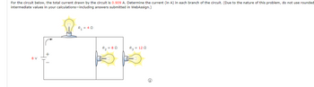 For the circuit below, the total current drawn by the circuit is 0.909 A. Determine the current (in A) in each branch of the circuit. (Due to the nature of this problem, do not use rounded intermediate values in your calculations—including answers submitted in WebAssign.)

### Diagram of the Circuit
- **Voltage Source:** 8 V
- **Resistors:**
  - \( R_1 = 4 \, \Omega \)
  - \( R_2 = 8 \, \Omega \)
  - \( R_3 = 12 \, \Omega \)

### Description
The circuit features a series of resistors with a total resistance, and the task is to calculate the current in each branch. The resistors \( R_2 \) and \( R_3 \) appear to be in series with each other while \( R_1 \) is in series with the parallel combination of \( R_2 \) and \( R_3 \). The current from the 8 V battery flows through these resistors.