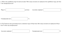 a. What is the equilibrium wage for retail associates? How many associates are employed at the equilibrium wage, and what
is the unemployment rate?
Wage: $
per hour.
Associates employed:
Unemployment rate:
%.
b. The Tennessee state government enacts a minimum wage of $9 per hour. How many associates are employed at $9 per
hour? Is there any unemployment?
Associates employed:
Unemployment rate:
%

