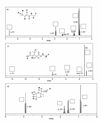 b)
H
B
D F
S,1H
6
-co
Br
S, 1H
12
d)
5
-10
E
t, 2H
sep, 1H
-5
5
3
PPM
HO
A
10
B CI
-00
2
-~
d, 6H
tq,2H
t, 3H
9H
FG
d, 2H
d, 6H
tsep, 1H
모모
PPM
6
S, 1H
BH
A
CH
H-
H-
DH
t, 4H
2
t, 6H
9,2H
9,4H
PPM
2