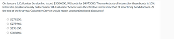 On January 1, Cullumber Service Inc. issued $5304000, 9% bonds for $4975000. The market rate of interest for these bonds is 10%.
Interest is payable annually on December 31. Cullumber Service uses the effective-interest method of amortizing bond discount. At
the end of the first year, Cullumber Service should report unamortized bond discount of
O $279250.
O $275960.
O $296100.
O $308860.