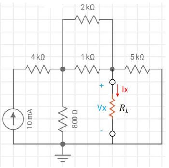 ↑
4kQ
10 mA
800 Q
2 KQ
1 kQ
W
Vx
|x
5 KQ
RL