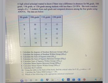 earch
A high school principal wanted to know if there was a difference in absences for 9th grade, 10th
grade, 11th grade, or 12th grade among students with less than a 2.0 GPA. She took a random
sample of n = 5 students from each grade and compared absences among the four grades using
ANOVA. The data are below:
9th grade 10th grade 11th grade 12th grade
6
9
6
HIE'S
7
7
10
12
11
O
11
14
17
8
11
14
15
100
15
16
12
2. Calculate the degrees of freedom Between Groups (dfBG)
3. Calculate the degrees of freedom Within Group (dfwG)
4. Calculate the Sum of Squares total (SStot)
5. Calculate the Sum of Squares Between Groups (SSBG)
12
6. Calculate Sum of Squares Within Groups (SSwG)
7. Calculate Mean Square Between Group (MSBG)
8. Calculate Mean Square Within Group (MSwG)
9. Calculate the F statistic
12
10. Using the table in the back of the book, find the critical value for F (Ferit) with a = .05
11. Calculate the Tukey HSD (using a = .05)
12. Which of the following is the appropriate statistical conclusion?
a
W
P