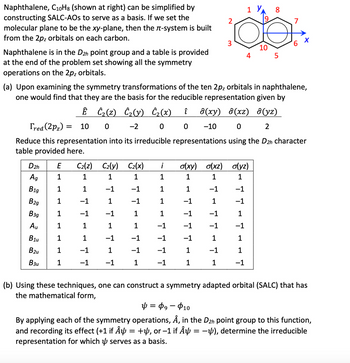 Naphthalene, C₁0H8 (shown at right) can be simplified by
constructing SALC-AOs to serve as a basis. If we set the
molecular plane to be the xy-plane, then the л-system is built
from the 2pz orbitals on each carbon.
Naphthalene is in the D2h point group and a table is provided
at the end of the problem set showing all the symmetry
operations on the 2pz orbitals.
D2h
Ag
B1g
B2g
B3g
Au
(a) Upon examining the symmetry transformations of the ten 2pz orbitals in naphthalene,
one would find that they are the basis for the reducible representation given by
Ê Ĉ₂(z) Ĉ₂(y) Ĉ₂(x)
î ô(xy) ô(xz) ô(yz)
-2
0
0 -10
0
2
Fred (2pz) = 10 0
Reduce this representation into its irreducible representations using the D2h character
table provided here.
В 14
B2u
B3u
E
1
1
1
1
1
1
1
C2(z) C2(y) C₂(x) i
1
1
1
1
1
-1
-1
-1
1
-1
-1
-1
1
1
1
-1
-1
1
-1 -1
1
−1
-1
1
1
1
-1
-1
-1
-1
17 77 1
o(xy) o(xz) o(yz)
1
1
1
-1
-1
-1
-1
1
1
-1
11 14 11
-1
-1
-1
1 YA 8
-1
10
4 5
-1
6
X
(b) Using these techniques, one can construct a symmetry adapted orbital (SALC) that has
the mathematical form,
ф = Ф9 — Ф10
By applying each of the symmetry operations, Â, in the D2h point group to this function,
and recording its effect (+1 if Â½ = +½, or −1 if Â½ = −4), determine the irreducible
representation for which serves as a basis.