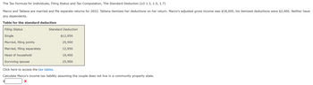 The Tax Formula for Individuals, Filing Status and Tax Computation, The Standard Deduction (LO 1.3, 1.5, 1.7)
Marco and Tatiana are married and file separate returns for 2022. Tatiana itemizes her deductions on her return. Marco's adjusted gross income was $18,000, his itemized deductions were $2,400. Neither have
any dependents.
Table for the standard deduction
Filing Status
Single
Married, filing jointly
Married, filing separately
Head of household
Surviving spouse
Standard Deduction
$12,950
25,900
12,950
19,400
25,900
Click here to access the tax tables.
Calculate Marco's income tax liability assuming the couple does not live in a community property state.
X