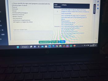 ts
S
0
5 0
554%
es
3. Please identify the signs and symptoms associated with the
following types of abuse
Physical
Domestic
Sexual
Emotional/Psychological
Material./Financial
Modern Slavery
Discriminatory
Institutional /organisational
Self-neglect or neglect by others
Type your answer here:
O Search
Save & Refresh
Unit/
Outcomes
8
2
Save & Quit
Criteria
ac[2.3] The signs of abuse, what to do if you
suspect it, how to reduce the chances of abuse as
much as possible
ac[2.1a] Identify the signs and/ or symptoms
associated with each of the following types of
abuse:
Physical abuse
ac[2.1b] Domestic abuse
ac[2.1c] Sexual abuse
Outcome 2 ac[2.1d] Emotional/psychological abuse
ac[2.1e] Financial/material abuse
ac[2.1f] Modern slavery
ac[2.1g] Discriminatory abuse
ac[2.1h] Institutional/organisational abuse
ac[2.11] Self-neglect
ac[2.1] Neglect by others
Cancel
PORTFOLIO
12:31
14/07/2023