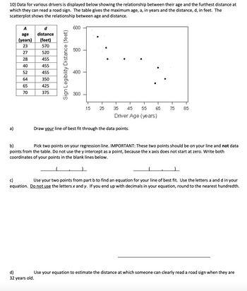 10) Data for various drivers is displayed below showing the relationship between their age and the furthest distance at
which they can read a road sign. The table gives the maximum age, a, in years and the distance, d, in feet. The
scatterplot shows the relationship between age and distance.
a)
A
d
age
distance
(years) (feet)
23
570
27
520
28
455
40
455
52
455
64
350
65
425
70
375
Sign Legibility Distance (feet)
600
500
400
300
T
15
25
35 45 55 65
Driver Age (years)
Draw your line of best fit through the data points.
75
85
b)
Pick two points on your regression line. IMPORTANT: These two points should be on your line and not data
points from the table. Do not use the y intercept as a point, because the x axis does not start at zero. Write both
coordinates of your points in the blank lines below.
c)
Use your two points from part b to find an equation for your line of best fit. Use the letters a and d in your
equation. Do not use the letters x and y. If you end up with decimals in your equation, round to the nearest hundredth.
d)
Use your equation to estimate the distance at which someone can clearly read a road sign when they are
32 years old.