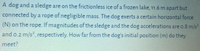 A dog and a sledge are on the frictionless ice of a frozen lake, 11.6 m apart but
connected by a rope of negligible mass. The dog exerts a certain horizontal force
(N) on the rope. If magnitudes of the sledge and the dog accelerations are o.8 m/s
and o.2 m/s2, respectively. How far from the dog's initial position (m) do they
meet?
