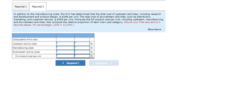 Required 1 Required 2
In addition to the manufacturing costs, the firm has determined that the total cost of upstream activities, including research
and development and product design, is $189 per unit. The total cost of downstream activities, such as distribution,
marketing, and customer service, is $309 per unit. Compute the full product cost per unit, including upstream, manufacturing,
and downstream activities. Also compute the relative proportion of each main cost category. (Round your final answers to 2
decimal places. For percentages.1234 = 12.34%.)
Computation of full cost:
Upstream activity costs
Manufacturing costs
Downstream activity costs
Full product cost per unit
< Required 1
96
96
96
Required 2 >
Show less